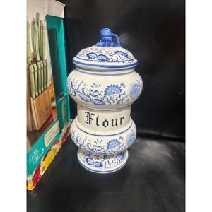 Vintage Blue Onion Ceramic Flour Canister White Blue Floral Farmhouse  Jar